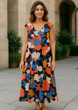 London Times Dress Womens 14W Midi Cap Sleeve Floral Black Orange Blue Colorful