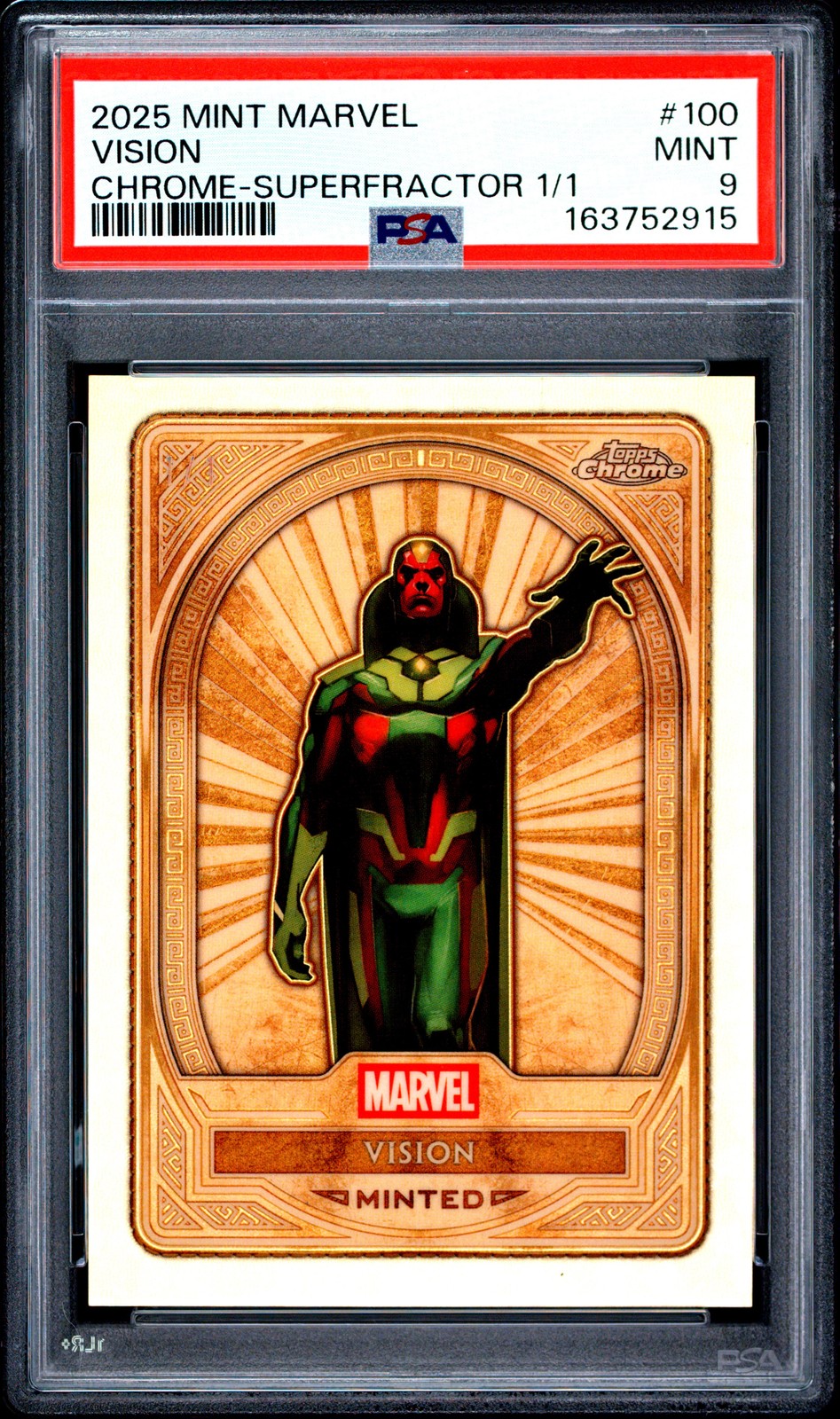 2025 TOPPS MINT MARVEL CHROME-SUPERFRACTOR 1/1 #100 VISION 1/1 PSA 9