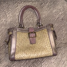 Coach F14119 Straw Tote Pink Leather Trim Sho...
