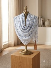 Women's White Blue Floral Chiffon Georgette Hijab Scarf Shawl Wrap Soft