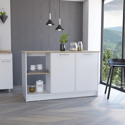 Juniper Kitchen Island, Four Open Shelves, Two Cabinets  -Light Oak / White
