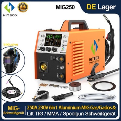 250A 6in1 MIG Schweißgerät Aluminium Gas/Gaslos 240V IGBT MIG/MMA/TIG/Spool Gun
