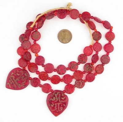 Vintage Red Arabic Hajj Beads 24mm Ethiopia African Unusual Glass 32 Inch Strand