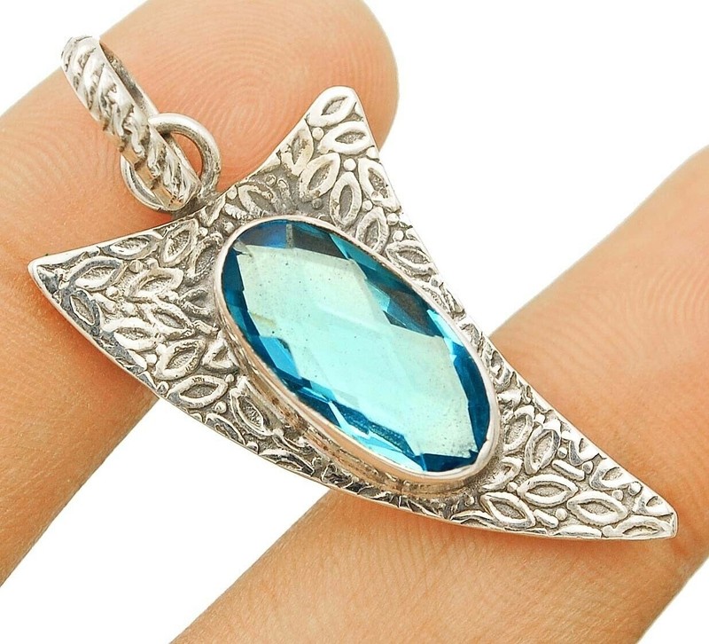 Natural 3CT Flawless Blue Topaz 925 Sterling Silver Pendant 1 2/3" Long @1-5