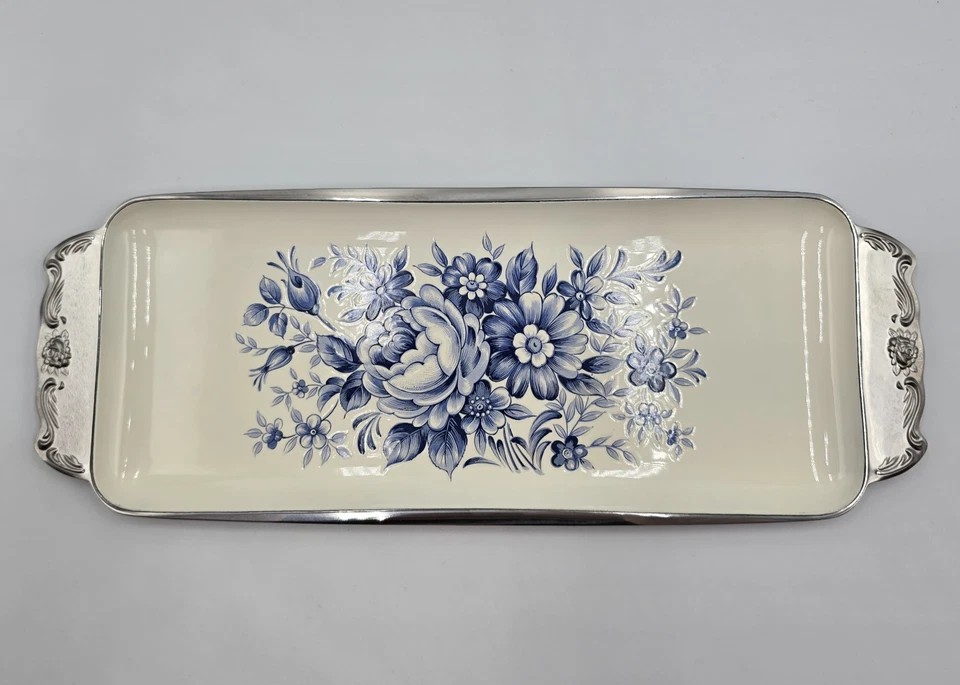 Vintage Blue Floral Enamel Tray Stainless Steel Lamb Mark - MCM Japan with box - Image 3 of 4