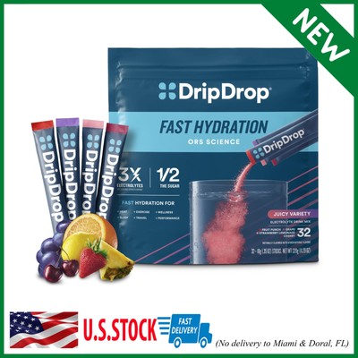 32 Servings DripDrop Hydration Juicy Variety Pack Electrolyte Drink Mix Single-S