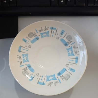 Blue Heaven Vintage MCM Stoneware Saucer/Small Plate Set of 8 Blue Atomic Design