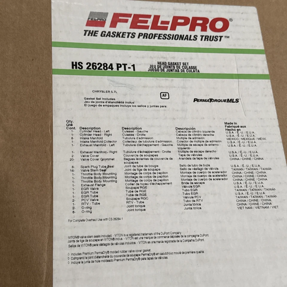 Juego de juntas de culata Fel-Pro HS26284PT1 para Chrysler 5,7 L Foto 2 de 4