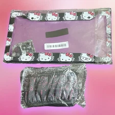 Hello Kitty Steering Wheel Cover Black & Pink Hearts and License Plate Frame Lot