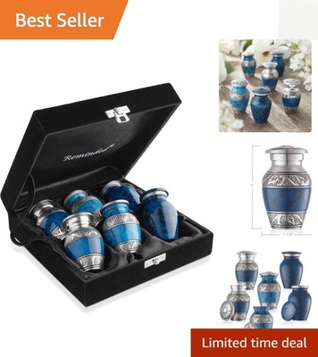 Set of 6 Mini Blue & Silver Cremation Urns with Velvet Case - Timeless Keepsakes