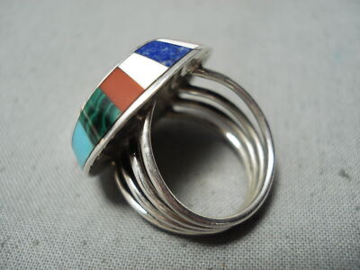 ONE OF THE MOST UNIQUE VINTAGE ZUNI TURQUOISE INLAY STERLING SILVER RING
