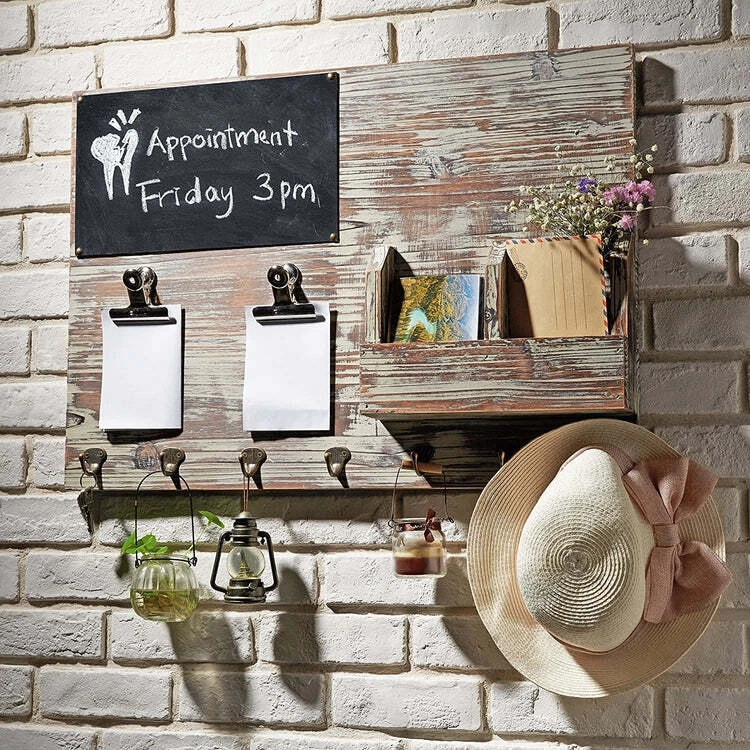 Chalkboard with Memo Clips, Mail Sorter, and Key Hooks, Entryway Organizer - Image 2 of 4