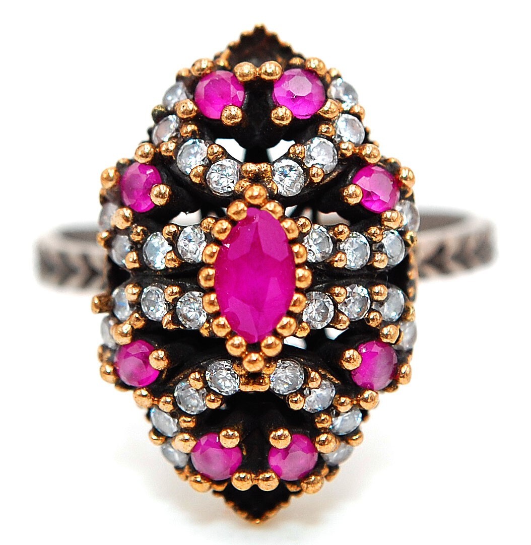 1CT Treated Ruby Ottoman Empire Style 925 Sterling Silver Ring Sz 7 HB3-1