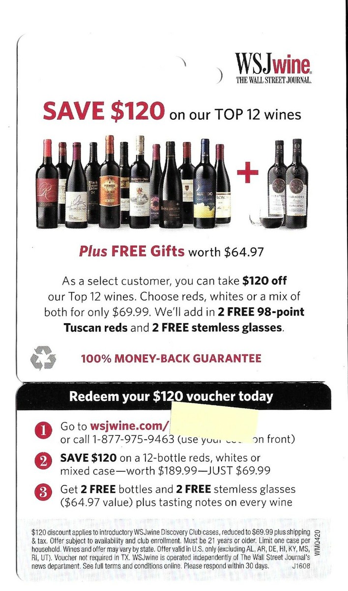 $120 Wall Street Journal WINE Voucher Gift Card + FREE GIFTS WSJ 