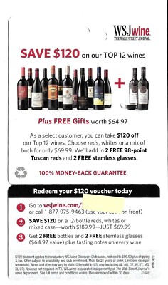 $120 Wall Street Journal WINE Voucher Gift Card + FREE GIFTS WSJ 