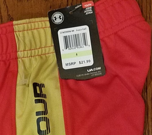 NWT UNDER ARMOUR Red & Gold LOGO Heatgear Athletic SHORTS Size 4 - Picture 3 of 4