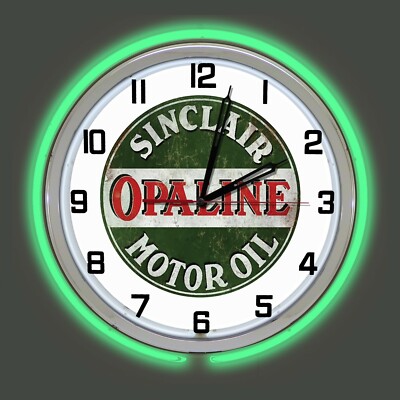 19'' Sinclair Opaline Motor Oil Sign v2 Double Green Neon Clock Man Cave Garage