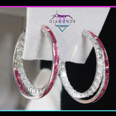 Große rote Diamant Creolen, Damen rote Diamant Creolen, Rubin Ohrringe