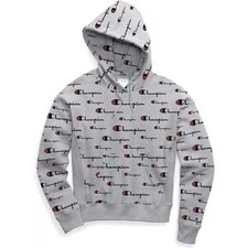 Champion Women's Reverse Weave Pullover Hoodie Script All Over Logo Print Pocket