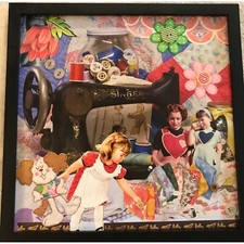 Retro Mother Daughter Sewing Framed Handmade Collage Wall Art OOAK Decor Picture