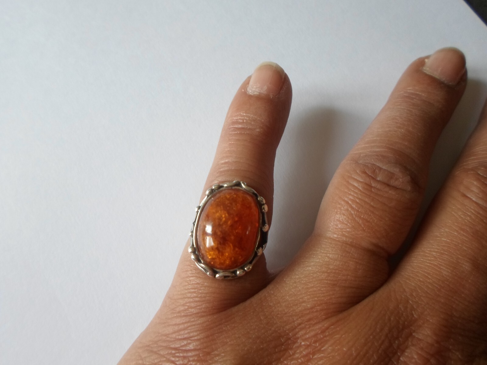 solid silver ring, amber cabochon, openwork sides… - image 1