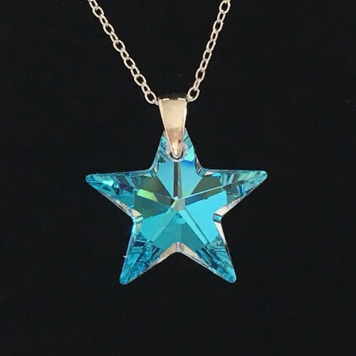 925 Silber Hergestellt mit Swarovski® Kristallen Stern Halskette Anhänger Blau AB Schmuck - Bild 9 von 10