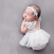 Newborn Baby Girl Skirt Princess Pearl Dress Headband Photography Props Studio