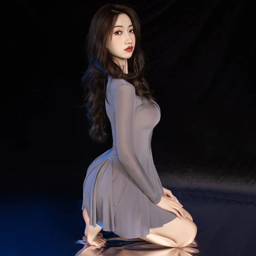 Womens Long Sleeve Shiny Bodycon with Pleated Skirt Cocktail Mini Lingerie Dress - Picture 10 of 19