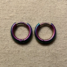 RAINBOW HOOP EARRINGS, Stainless Steel - 1 Pair, 12mm outer/8mm, 2mm wide - 3