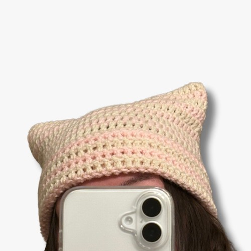 Handmade Trendy Cat Ear Beanie - Adult Size - Cream, Baby Pink, Striped, Crochet - Picture 2 of 2