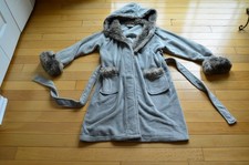 Pottery Barn Womens S Gray Long Sleeves Faux Fur Trim Belted Hooded Bathrobe