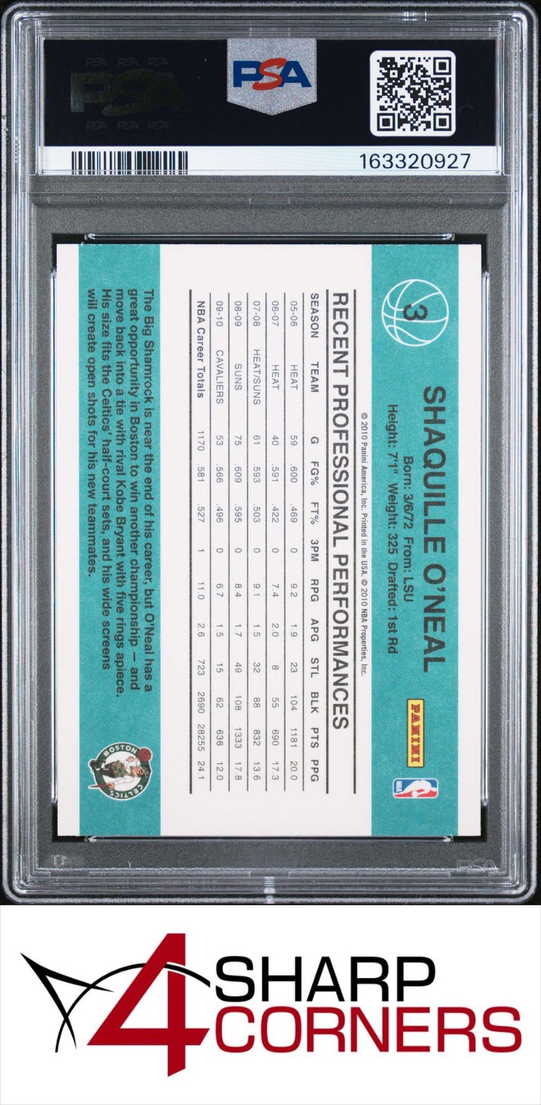 2010 DONRUSS #3 SHAQUILLE SHAQ O'NEAL CELTICS HOF POP 3 PSA 9 view 2