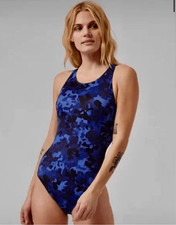 Athleta Freestyle blue camo 34 tie back sporty one piece swimsuit