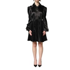 DOLCE & GABBANA Dress Black Satin Long Puff Sleeves Pleated IT40/US6/S 3980usd