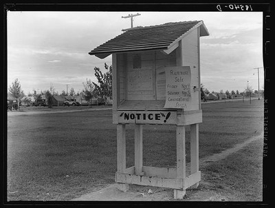 Photo:Shafter California 1938 Migrant Camp Bulletin Board Notice Booth