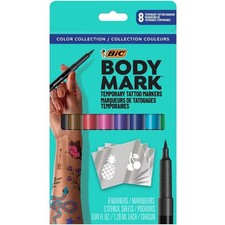 BIC BodyMark Washable Temporary Tattoo 8 Markers 3 Stencil Sheets Skin Safe 