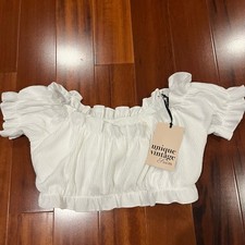 Ruffle White Bikini Top Crop Short Sleeve Unique Vintage Swim New Size Medium