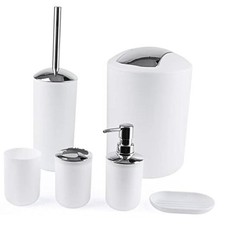 Compact 6-Piece Plastic Bathroom Accessories Set with Small Trash Can, White