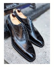 Handmade Men Black Leather Wingtip Shoes Brogue Oxford Lace up Dress Shoes