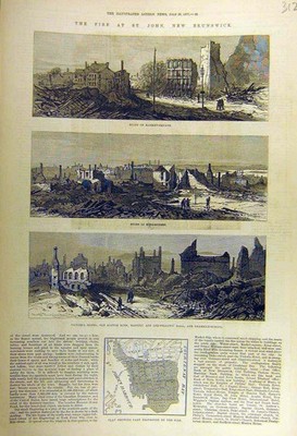 Alter antiker Druck 1877 Fire St-John New-Braunschweig Ruine Markt Scotch Kirk 19.
