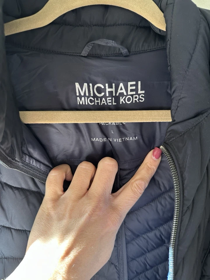 Jaqueta acolchoada Michael Kors feminina zíper completo embalável azul com capuz tamanho XL - Imagem 2 de 4