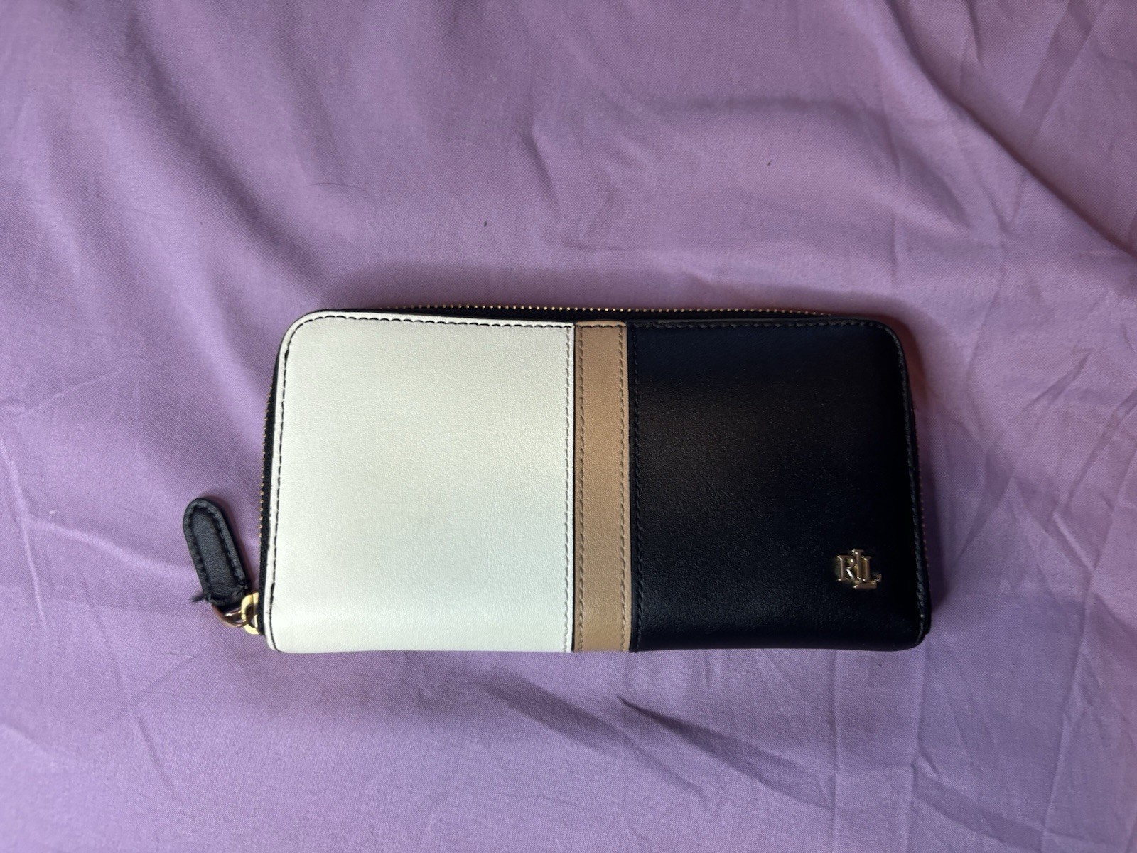 Lauren Ralph Lauren Crosshatch Leather Slim Wallet Black White Stripe Gold Logo