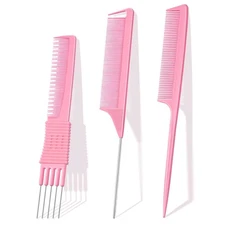 TsMADDTs Hair Combs Set, 3PCS Fine Tooth Rat Tail, Parting, Lift Medium, Pink 