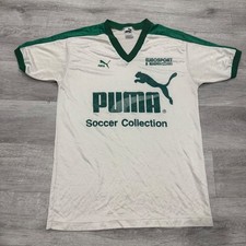 Vintage 80's Puma Soccer Collection Jersey White Green Made in USA V-Neck Large