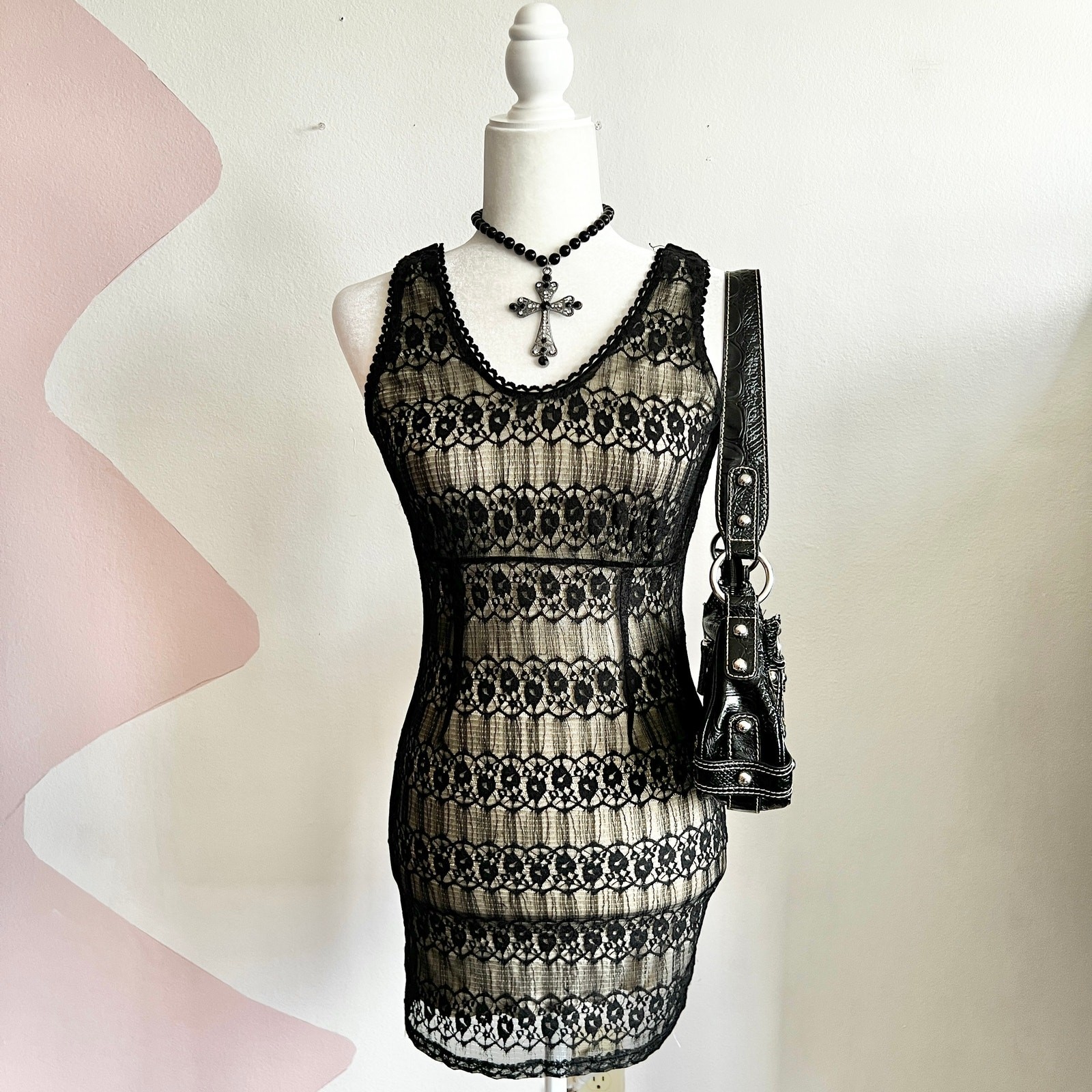 Vintage Y2K Black Lace Dress Sheer Grunge Victorian Gothic Dark Academia Small
