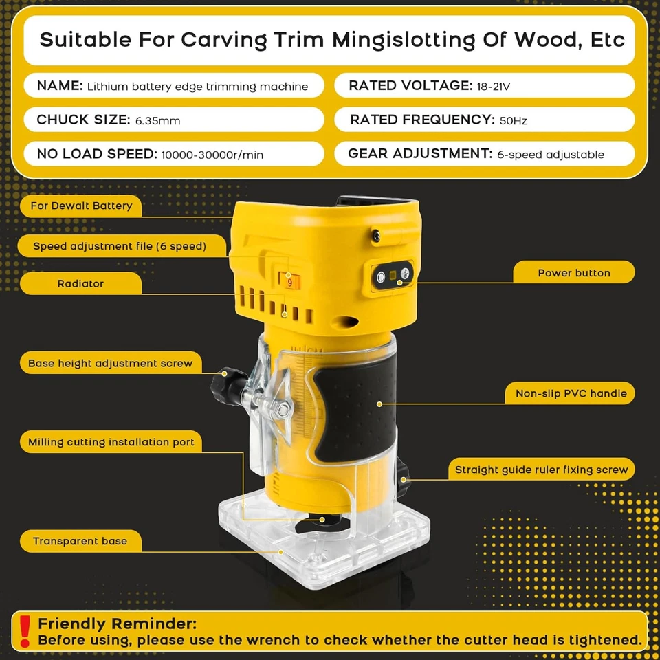 Router Inalámbrico Compatible con Batería Dewalt 20V, 6 Velocidades, 30.000 RPM, 850W Br Foto 2 de 4