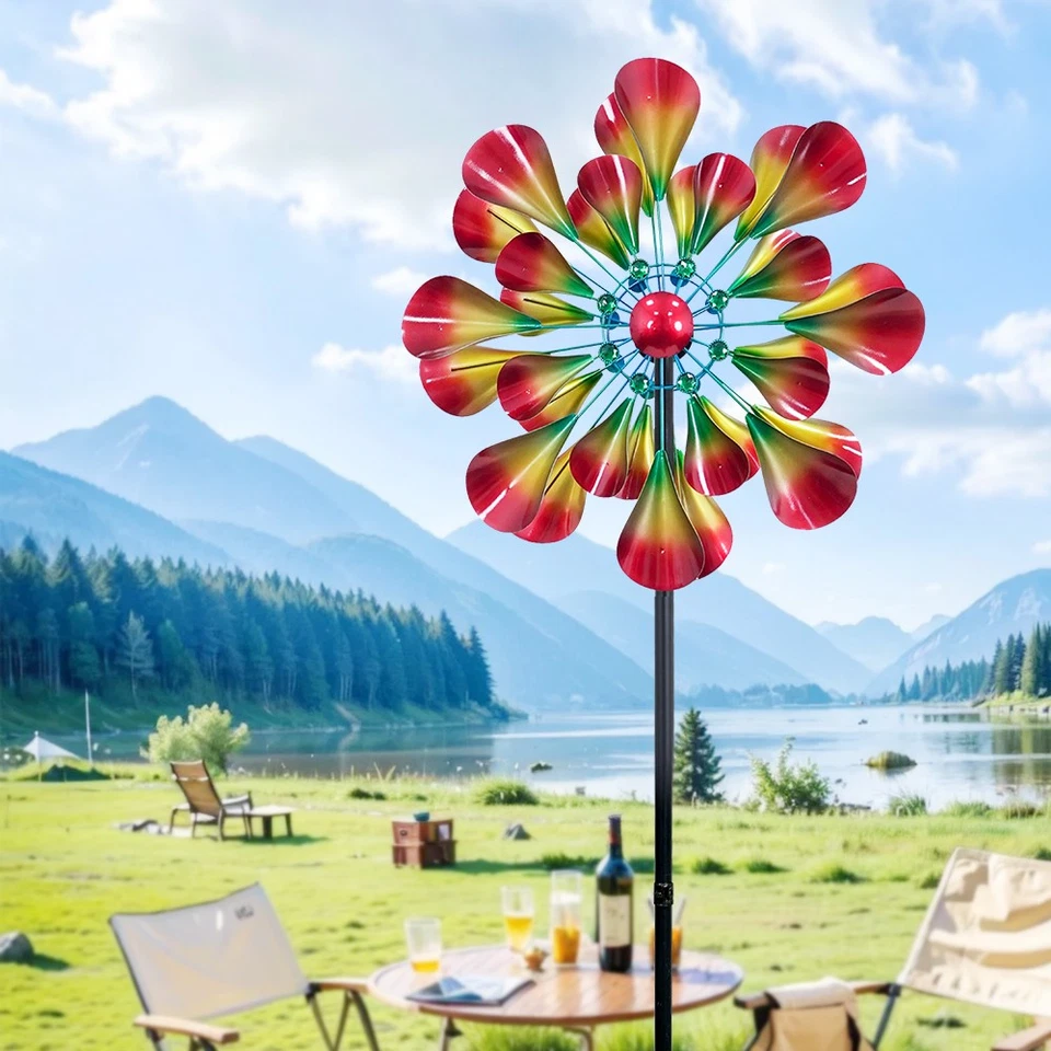 Hilanderos de viento de jardín de patio con luces solares, grandes hilanderos de viento de metal para exteriores Foto 4 de 4