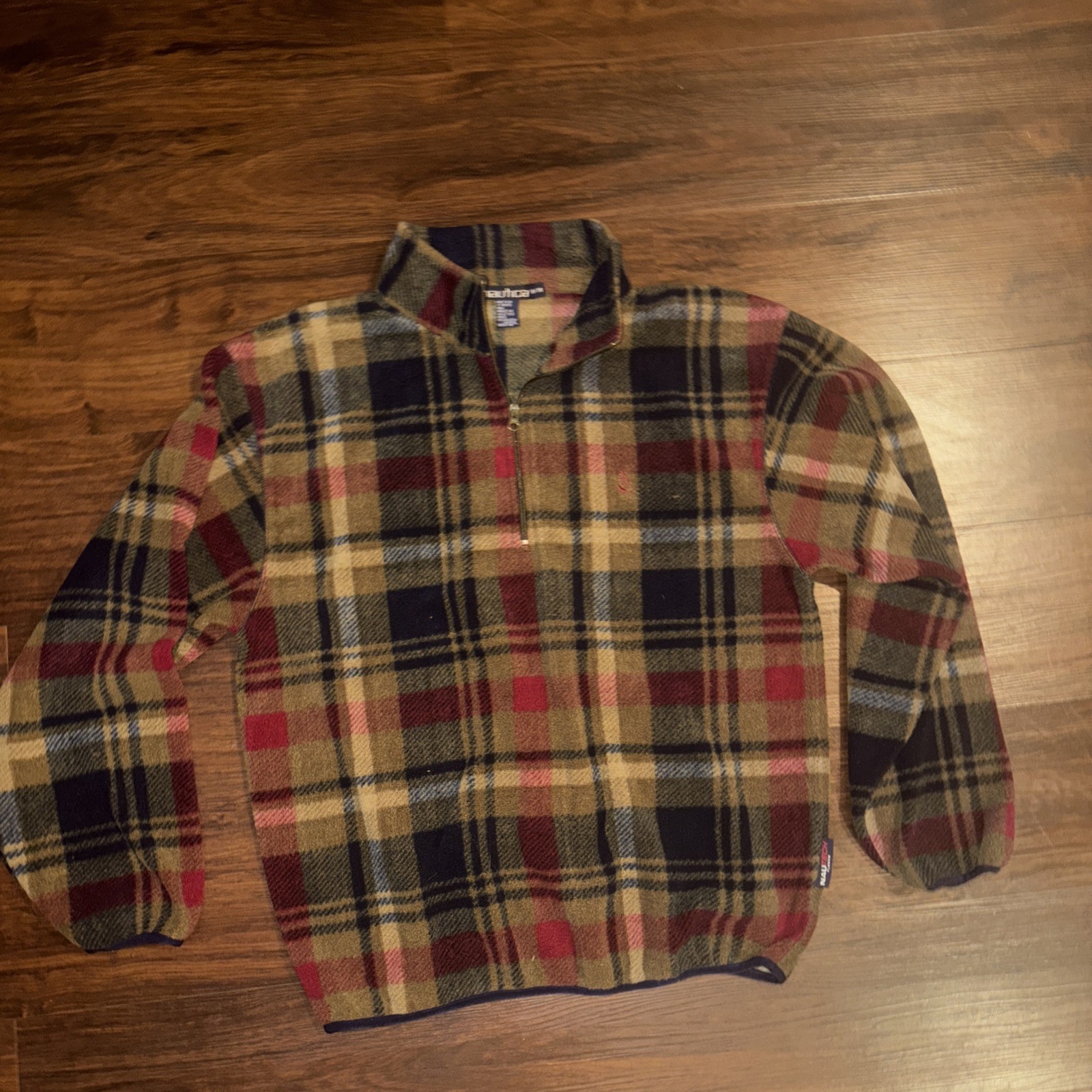Nautica, Vtg Nautica Fleece Pullover Sweater M Plaid Nautech 1/4 Zip Made In USA 90’s