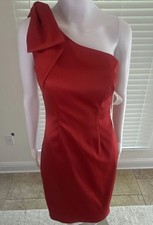 Eliza J Red Satin One Shoulder Bow Sheath Knee Length Lined Dress Size 4