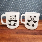 VTG Set of 2 Panda Mugs Milk Glass Coffee Cups Stackable CHIP READ